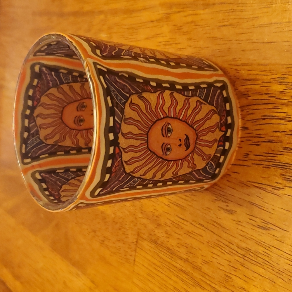 Sun Face Fimo Covered Glass Votive Candle Holder 3in